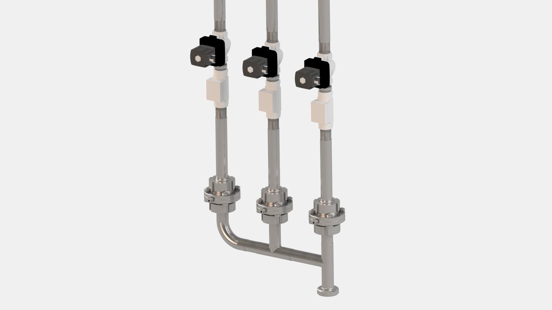 Oil installation design – three pipelines with actuated butterfly valves, 3D render